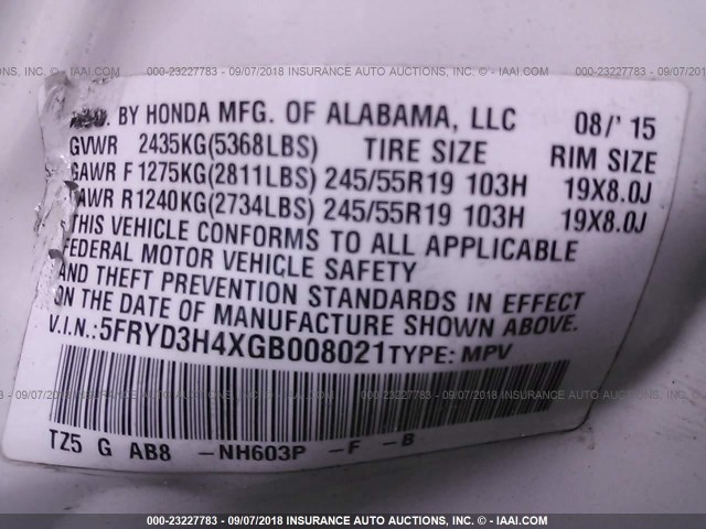 5FRYD3H4XGB008021 - 2016 ACURA MDX TECHNOLOGY WHITE photo 9