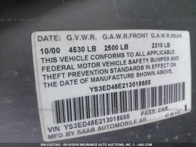 YS3ED48E213018655 - 2001 SAAB 9-5 SILVER photo 9