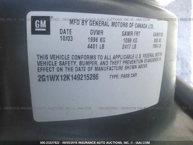 2G1WX12K149215286 - 2004 CHEVROLET MONTE CARLO SS შავი ფოტო 9