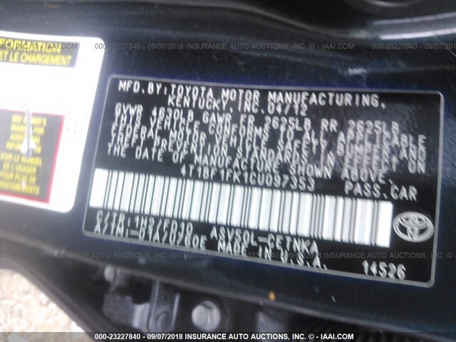 4T1BF1FK1CU097353 - 2012 TOYOTA CAMRY SE/LE/XLE 黑色 照片 9