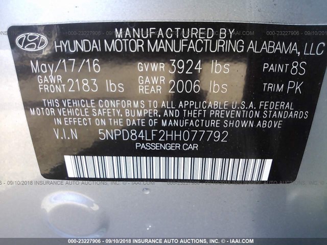 5NPD84LF2HH077792 - 2017 HYUNDAI ELANTRA SE/VALUE/LIMITED GRAY photo 9