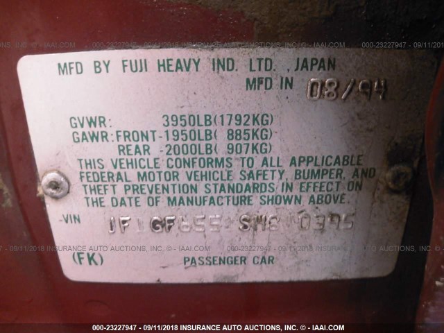 JF1GF6551SH810395 - 1995 SUBARU IMPREZA LX MAROON photo 9