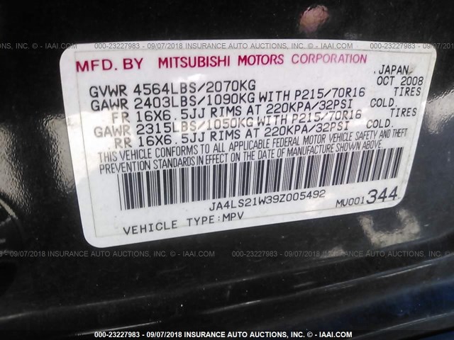 JA4LS21W39Z005492 - 2009 MITSUBISHI OUTLANDER ES Qara foto 9
