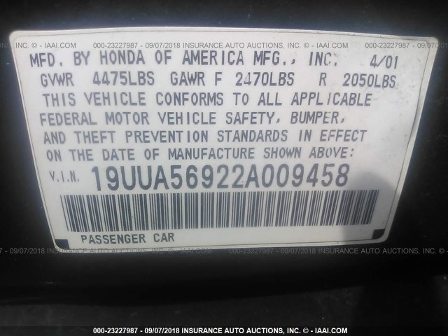 19UUA56922A009458 - 2002 ACURA 3.2TL TYPE-S BLACK photo 9