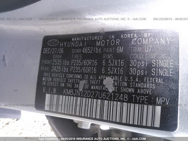 KM8JN12D27U621248 - 2007 HYUNDAI TUCSON SE/LIMITED SILVER photo 9