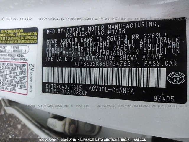 4T1BE32K66U734763 - 2006 TOYOTA CAMRY LE/XLE/SE 白色 照片 9