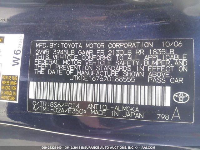 JTKDE167670188555 - 2007 TOYOTA SCION TC 蓝色 照片 9