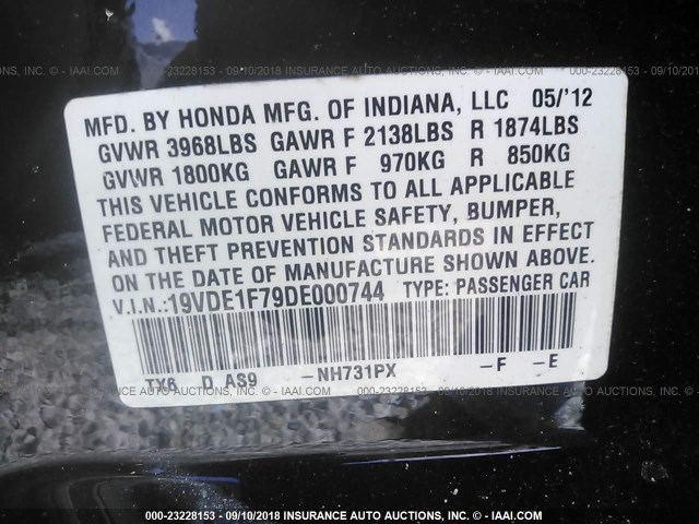 19VDE1F79DE000744 - 2013 ACURA ILX 20 TECH BLACK photo 9