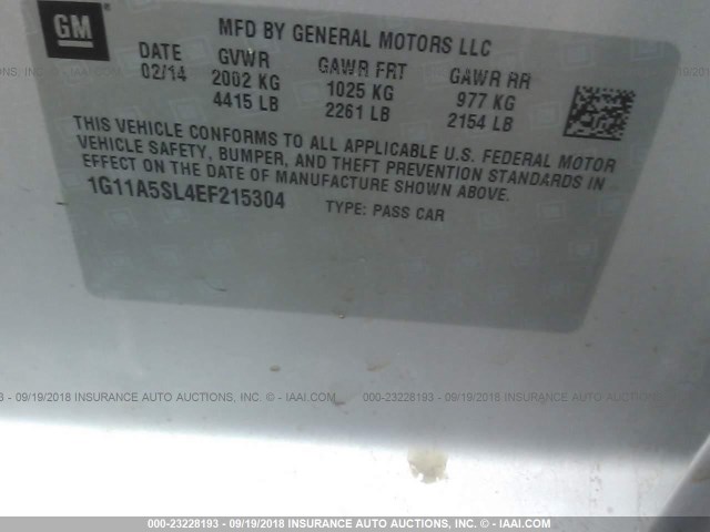 1G11A5SL4EF215304 - 2014 CHEVROLET MALIBU LS 银色 照片 9