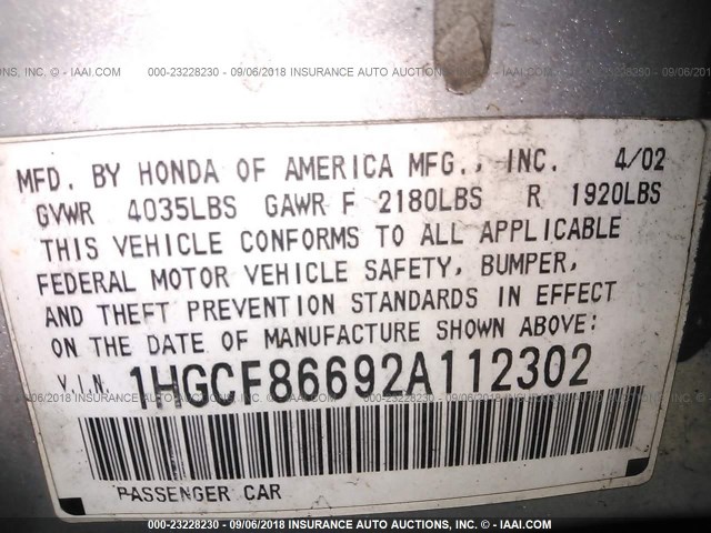 1HGCF86692A112302 - 2002 HONDA ACCORD VALUE SILVER photo 9