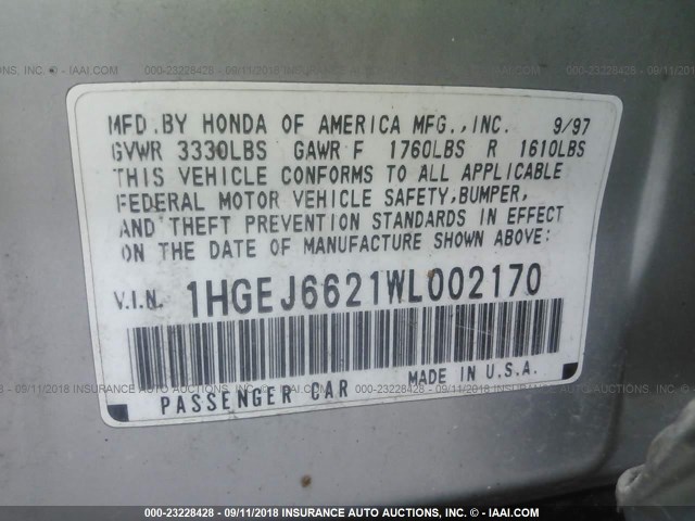 1HGEJ6621WL002170 - 1998 HONDA CIVIC DX SILVER photo 9