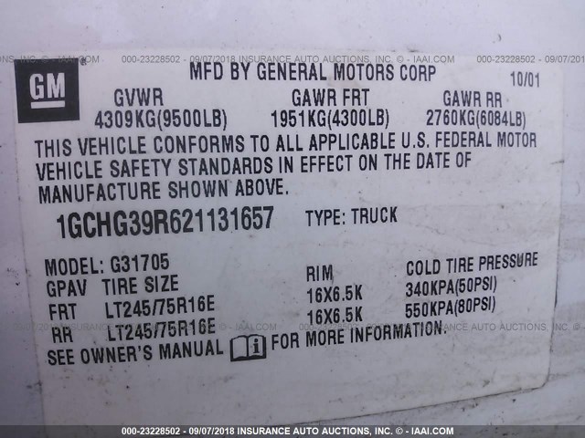 1GCHG39R621131657 - 2002 CHEVROLET EXPRESS G3500  WHITE photo 9