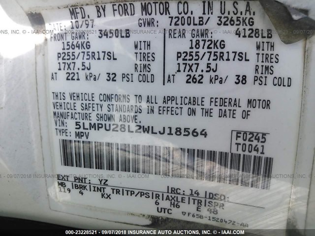 5LMPU28L2WLJ18564 - 1998 LINCOLN NAVIGATOR Blanc photo 9