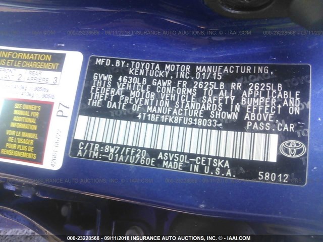 4T1BF1FK8FU918033 - 2015 TOYOTA CAMRY LE/XLE/SE/XSE 紫色 照片 9