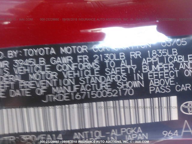 JTKDE167150052170 - 2005 TOYOTA SCION TC 红色 照片 9