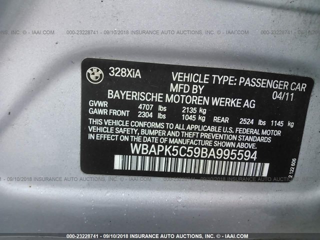 WBAPK5C59BA995594 - 2011 BMW 328 XI SULEV GRAY photo 9