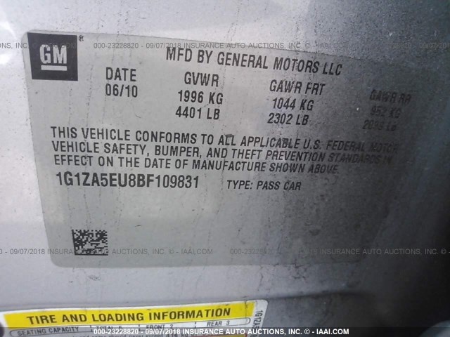 1G1ZA5EU8BF109831 - 2011 CHEVROLET MALIBU LS ვერცხლისფერი ფოტო 9