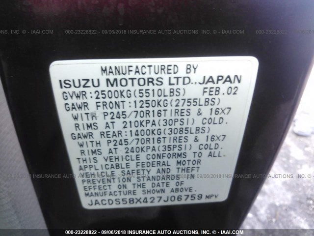 JACDS58X427J06759 - 2002 ISUZU TROOPER S/LS/LIMITED 勃艮第红 照片 9