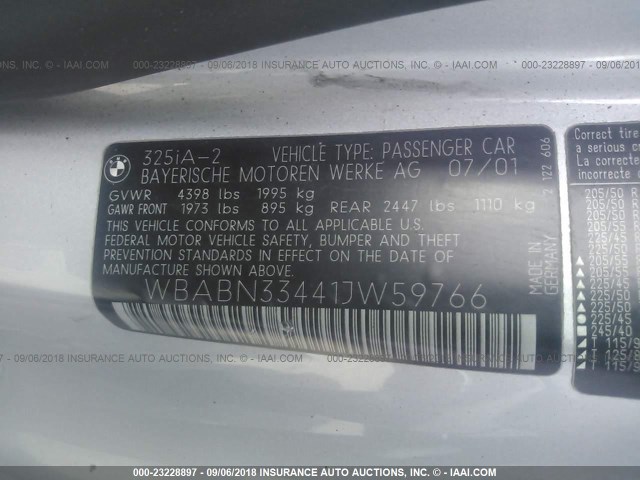 WBABN33441JW59766 - 2001 BMW 325 CI SILVER photo 9