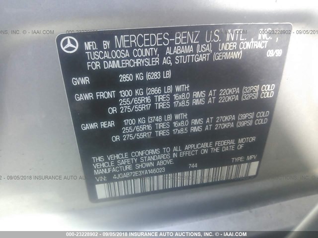 4JGAB72E3YA146023 - 2000 MERCEDES-BENZ ML 430 银色 照片 9