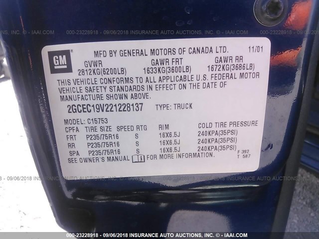 2GCEC19V221228137 - 2002 CHEVROLET SILVERADO C1500 Azul foto 9
