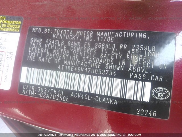 4T1BE46K17U093734 - 2007 TOYOTA CAMRY NEW GENERAT CE/LE/XLE/SE RED photo 9