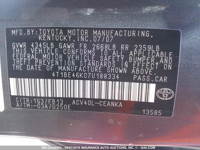 4T1BE46K07U188334 - 2007 TOYOTA CAMRY NEW GENERATION CE/LE/XLE/SE GRAY photo 9
