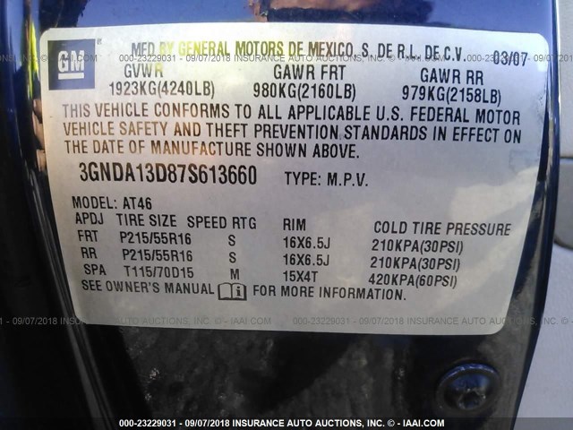 3GNDA13D87S613660 - 2007 CHEVROLET HHR LS Dark Blue photo 9