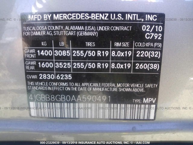 4JGBB8GB0AA590491 - 2010 MERCEDES-BENZ ML 350 4MATIC SILVER photo 9