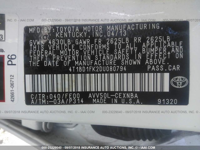 4T1BD1FK2DU080794 - 2013 TOYOTA CAMRY HYBRID/LE/XLE 白色 照片 9