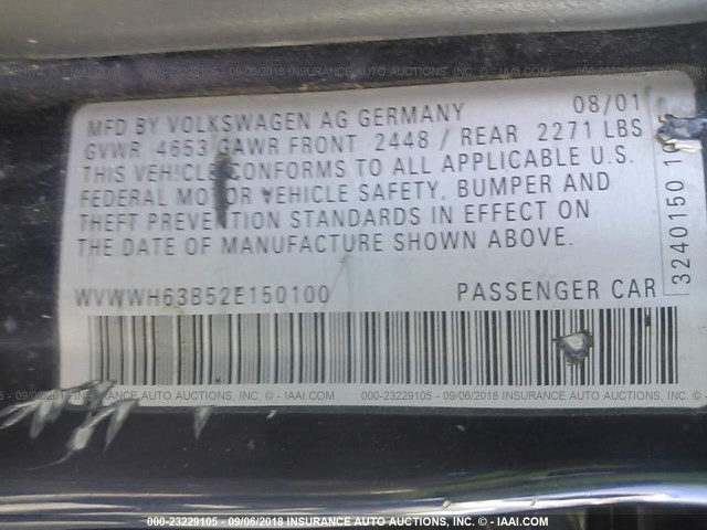 WVWWH63B52E150100 - 2002 VOLKSWAGEN PASSAT GLX BLUE photo 9