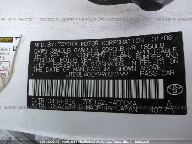 JTDBL40EX99020199 - 2009 TOYOTA COROLLA LE/XLE WHITE photo 9