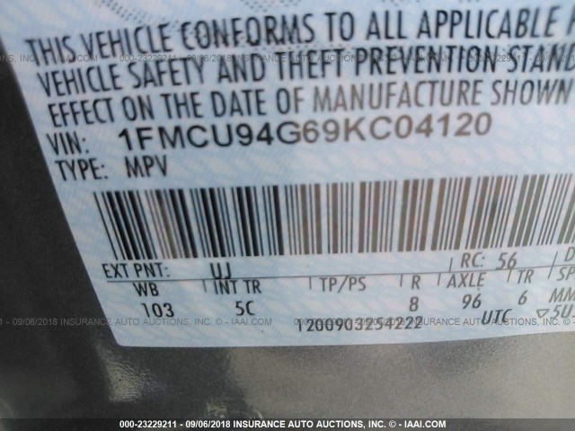 1FMCU94G69KC04120 - 2009 FORD ESCAPE LIMITED GRAY photo 9