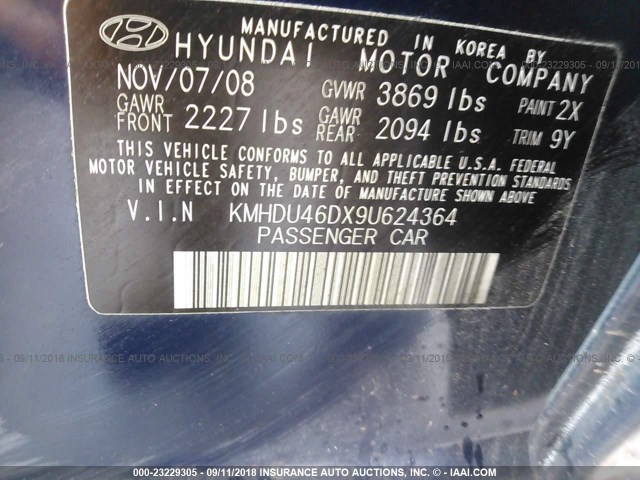 KMHDU46DX9U624364 - 2009 HYUNDAI ELANTRA GLS/SE BLUE photo 9