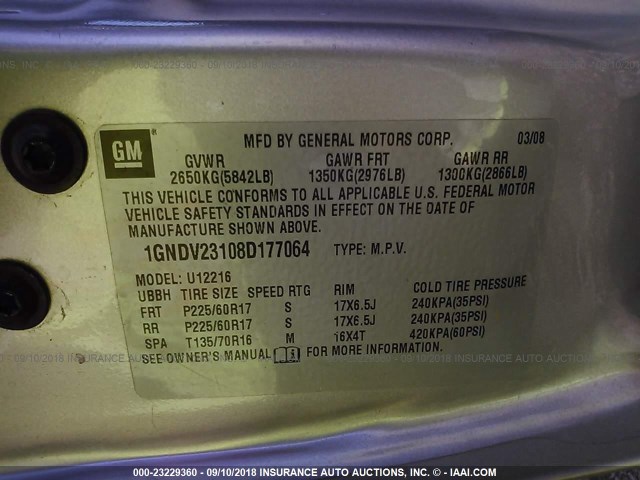 1GNDV23108D177064 - 2008 CHEVROLET UPLANDER LS SILVER photo 9