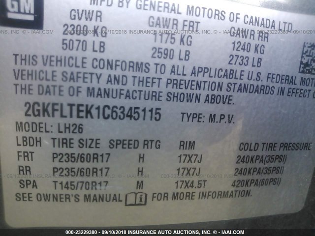 2GKFLTEK1C6345115 - 2012 GMC TERRAIN SLE GRAY photo 9