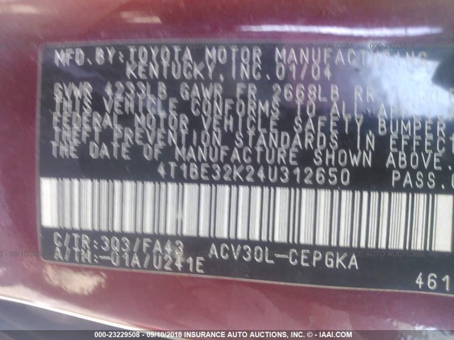 4T1BE32K24U312650 - 2004 TOYOTA CAMRY LE/XLE/SE Tünd qırmızı foto 9