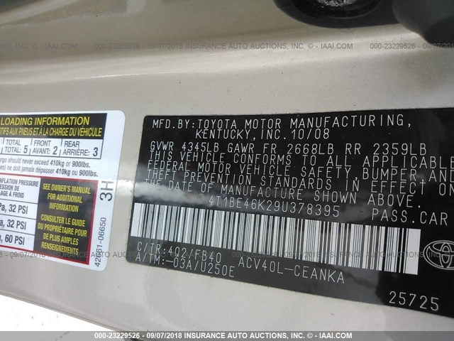 4T1BE46K29U378395 - 2009 TOYOTA CAMRY SE/LE/XLE GOLD photo 9