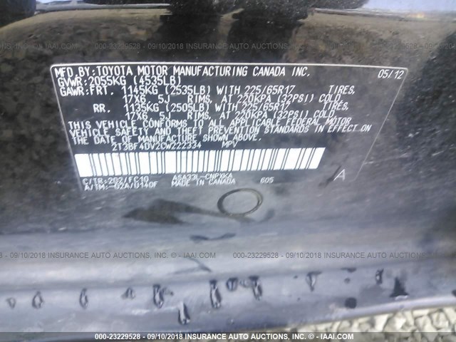 2T3BF4DV2CW222334 - 2012 TOYOTA RAV4 BLACK photo 9