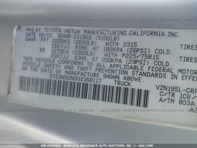 5TESN92N93Z168117 - 2003 TOYOTA TACOMA XTRACAB PRERUNNER ნაცრისფერი ფოტო 9