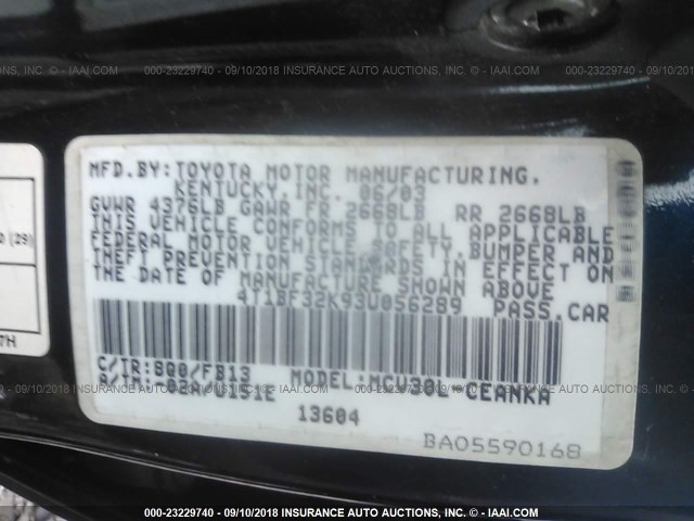 4T1BF32K93U056289 - 2003 TOYOTA CAMRY LE/XLE/SE Mavi foto 9