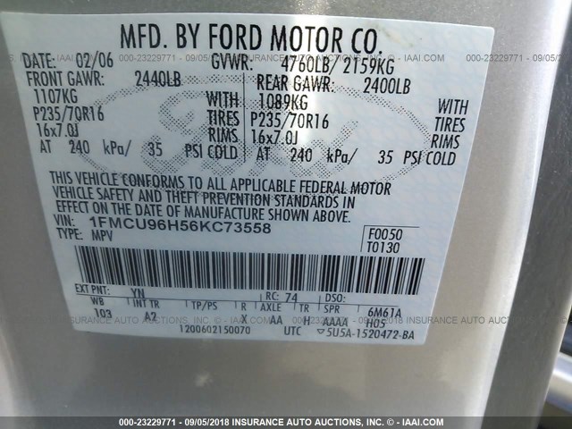 1FMCU96H56KC73558 - 2006 FORD ESCAPE HEV SILVER photo 9