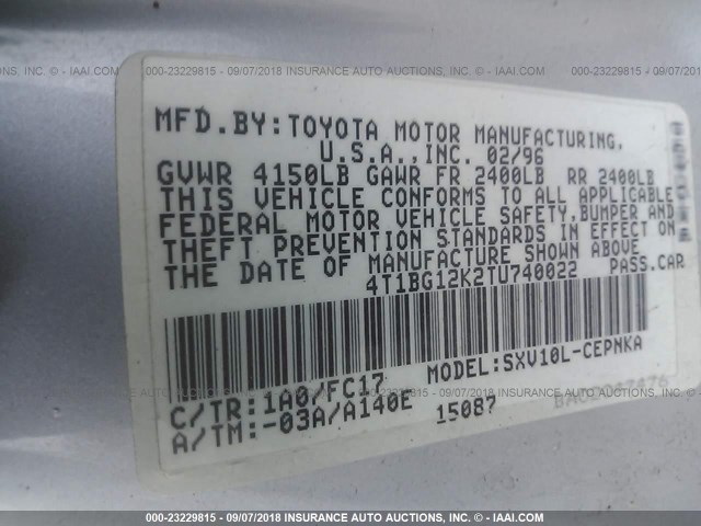 4T1BG12K2TU740022 - 1996 TOYOTA CAMRY DX/LE/XLE Light Blue photo 9