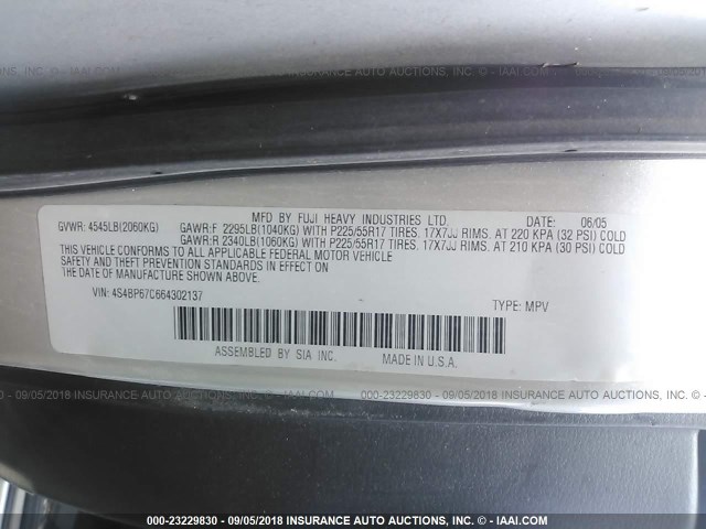 4S4BP67C664302137 - 2006 SUBARU LEGACY OUTBACK 2.5 XT LIMITED SILVER photo 9