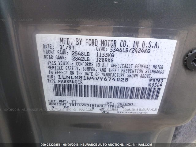 1LNLM81W4VY674028 - 1997 LINCOLN TOWN CAR EXECUTIVE Серый фото 9