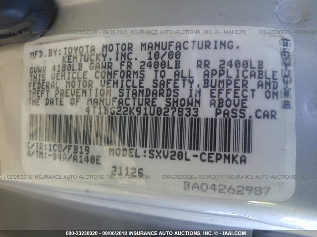 4T1BG22K91U027833 - 2001 TOYOTA CAMRY CE/LE/XLE 银色 照片 9