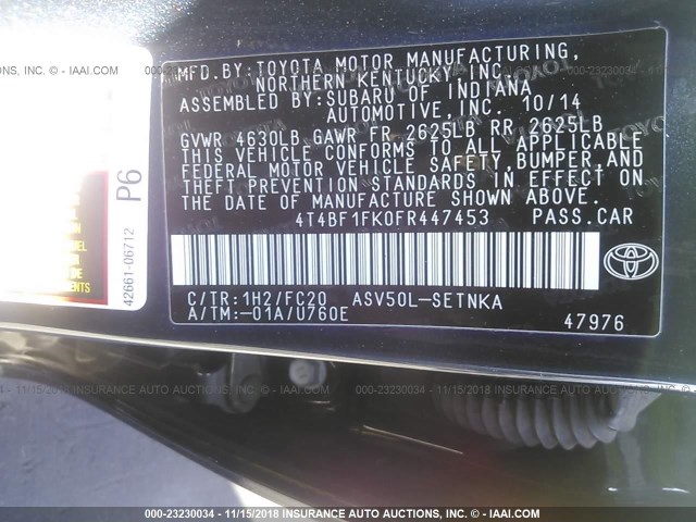 4T4BF1FK0FR447453 - 2015 TOYOTA CAMRY LE/XLE/SE/XSE 蓝色 照片 9