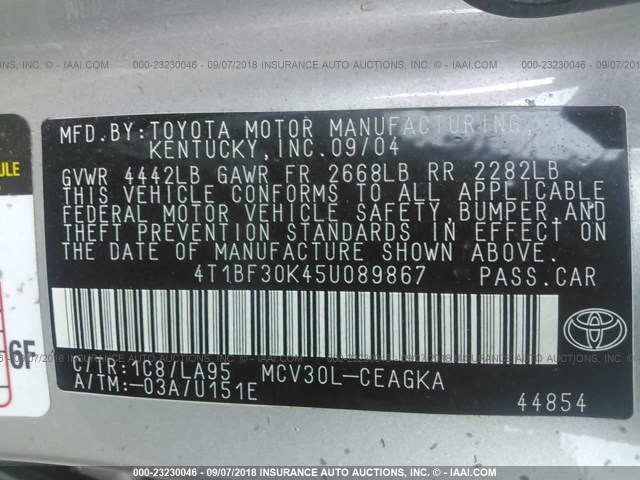 4T1BF30K45U089867 - 2005 TOYOTA CAMRY LE/XLE/SE Gümüş foto 9