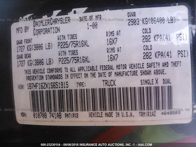 1B7HF16ZX1S651915 - 2001 DODGE RAM 1500 BLACK photo 9