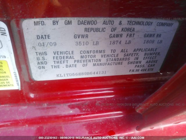 KL1TD56E89B644131 - 2009 CHEVROLET AVEO LS/LT 红色 照片 9